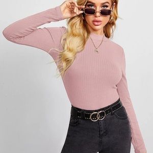 Fitted rib knit mockneck long sleeve tee baby pink